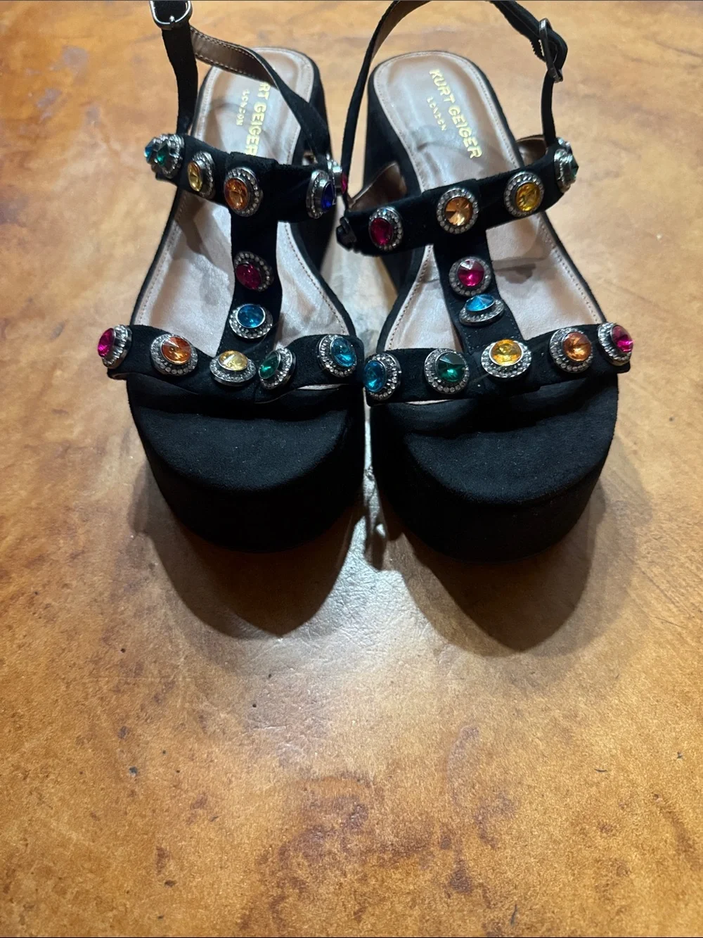 Kurt Geiger Black Platform Sandals with Multicolor Jeweled Accents
